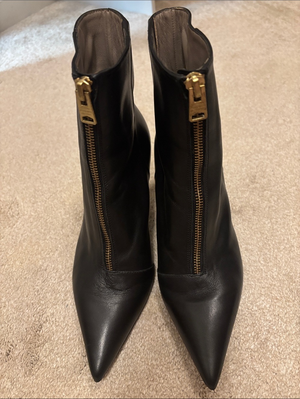 ALLSAINTS Black Pointed Toe Ankle Boots with Front Gold Zipper